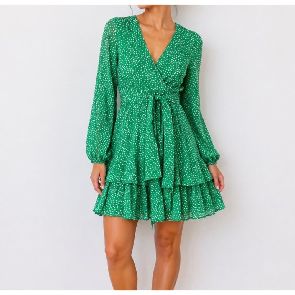 Japna Green White Polka Dot Tiered Ruffle Mini Dress Long Sleeve V-Neck Medium